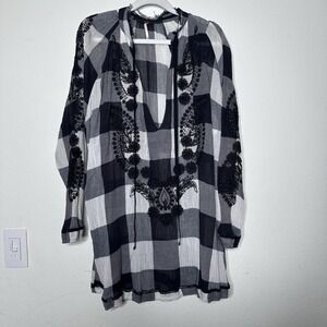 BUFFALO PLAID BEADED EMBROIDERY FRAY COLLAR CUTOUT ACCENT TUNIC SHIRT MINI DRESS